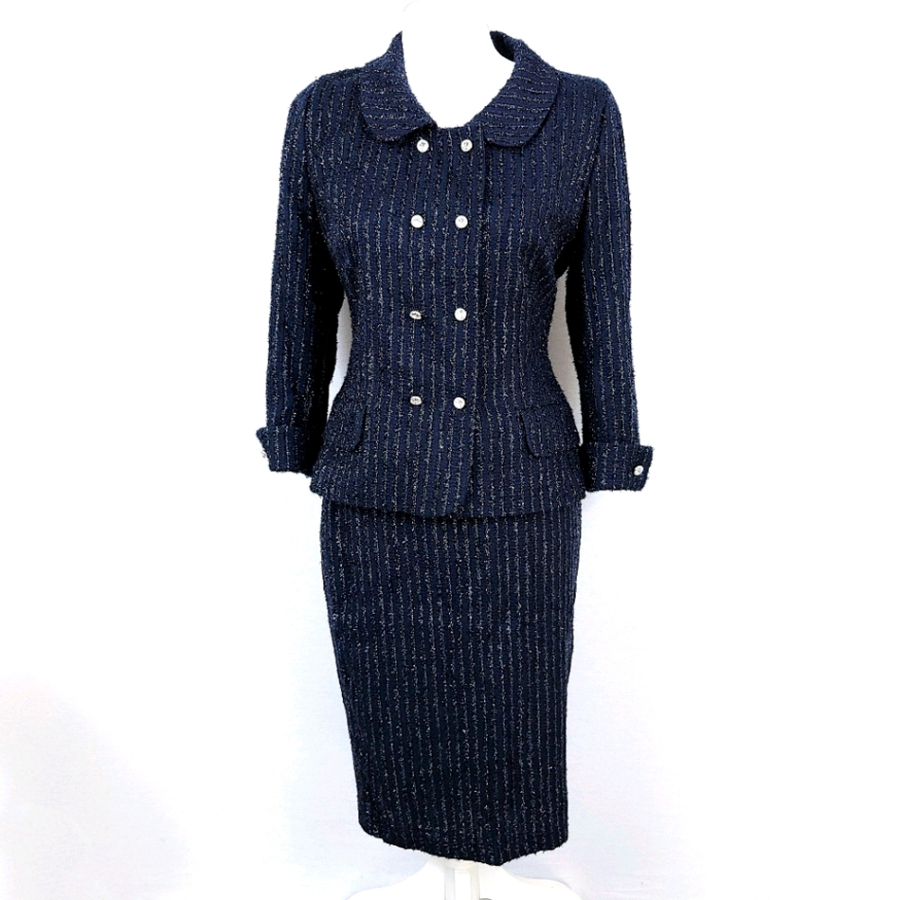 Escada Blue Pinstriped Tweed Two Piece Skirt Set